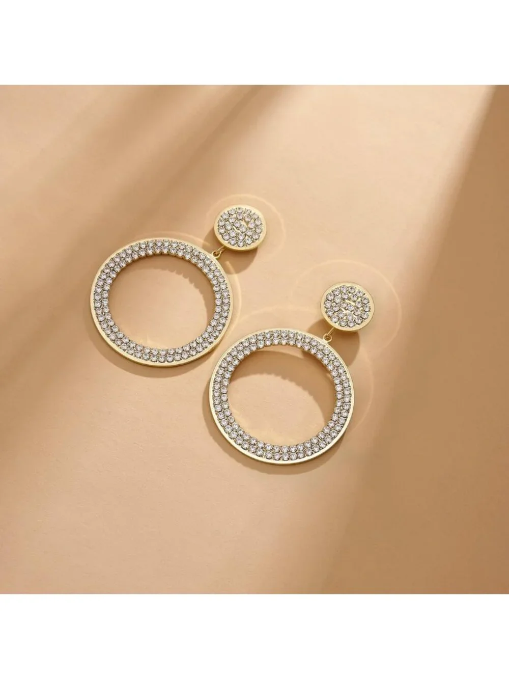 Elegant Gold Plated Circle Drop Earrings with Pavé Crystal Rhinestones, 60mm